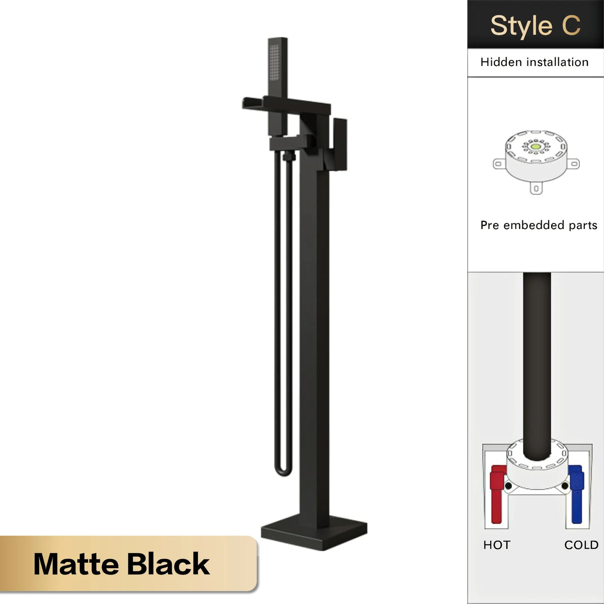 AITANA Luxury Black Brass Floor Standing Bathroom Faucet with Waterfall Water Outlet Design, Hot and Cold Bathtub Mixer