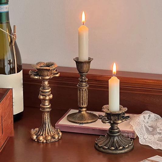 Vintage Taper Candle Holders - Antique Bronze Finish Resin Candle Sticks for Wedding, Dinner Party, Table Centerpiece Decor