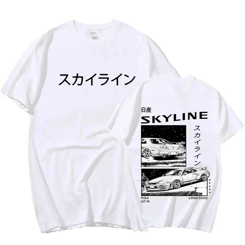 Anime Drift AE86 Initial D Double Sided T Shirt O-Neck Short Sleeves Summer Unisex R34 Skyline GTR JDM Manga T-Shirts 71775