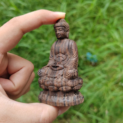 Wooden Lotus-Sitting Buddha Statue, Wood-Carved Vairocana Ornament, Shakyamuni Buddha Figurine, Zen-Inspired Craft Decoration