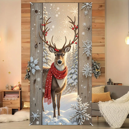 1 Piece Christmas Winter Themed Door Banner, Winter Reindeer and Cranberry Design Door Banner, Holiday Home Decor