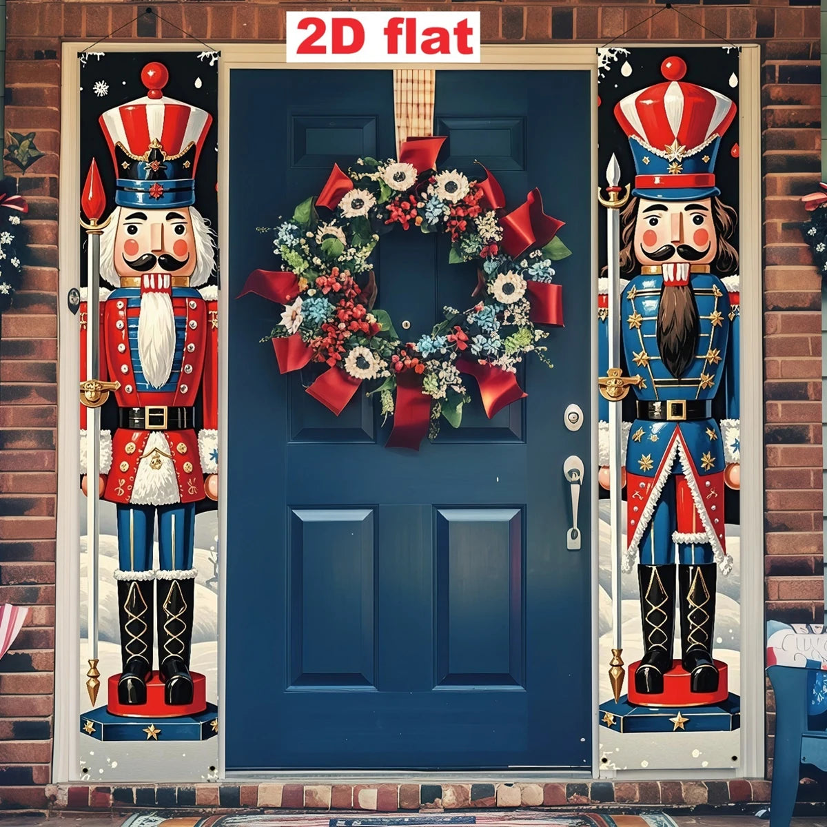2Pcs Nutcracker Soldier Christmas Door Couplets 2D Flat Polyester Hanging Banner Xmas Front Porch Indoor Outdoor Holiday Decor
