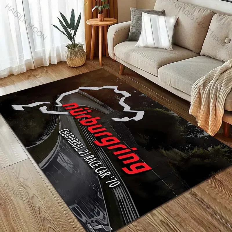 Race Track Inspired Area Rug – F1 Style Circuit Carpet for Living Room & Bedroom, Non-Slip Washable Large Floor Mat