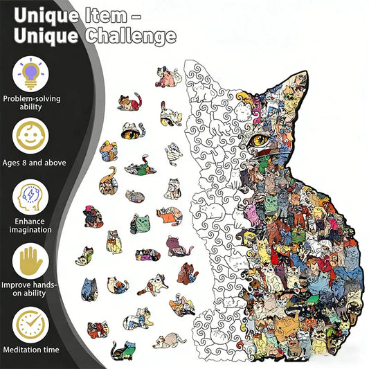 Unique Cat Shape Jigsaw Puzzle & DIY Wooden Savings Bank 2-in-1 Set - Creative Animal Puzzle Craft Kit for Adults Kids, Decorati