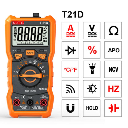 NJTY T21 Professional True RMS Digital Multimeter 6000 Counts True-RMS Auto/ Manual Range AC/DC Voltage Anti-Burn Voltmeter