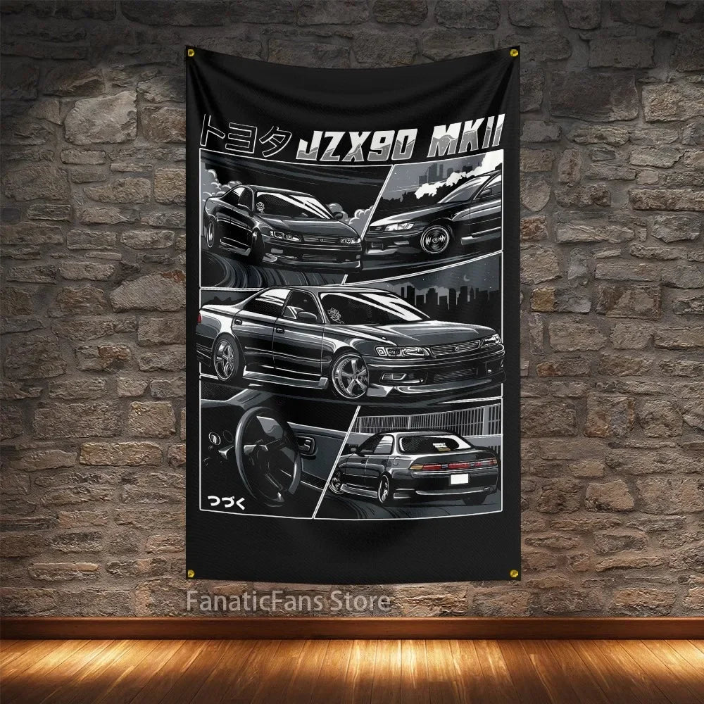 JDM Modified Racing Car Flagge Polyester Digital Printing Cars Banner For Decoration