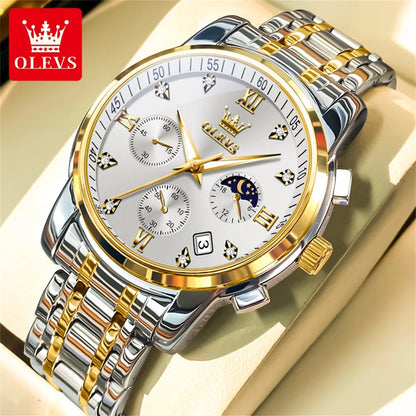 OLEVS 2858 Men's Watches Stainless Steel Waterproof Anti-Scratch Moon Phase Luminous Chronograph Luxury Quartz Men's Wristwatch