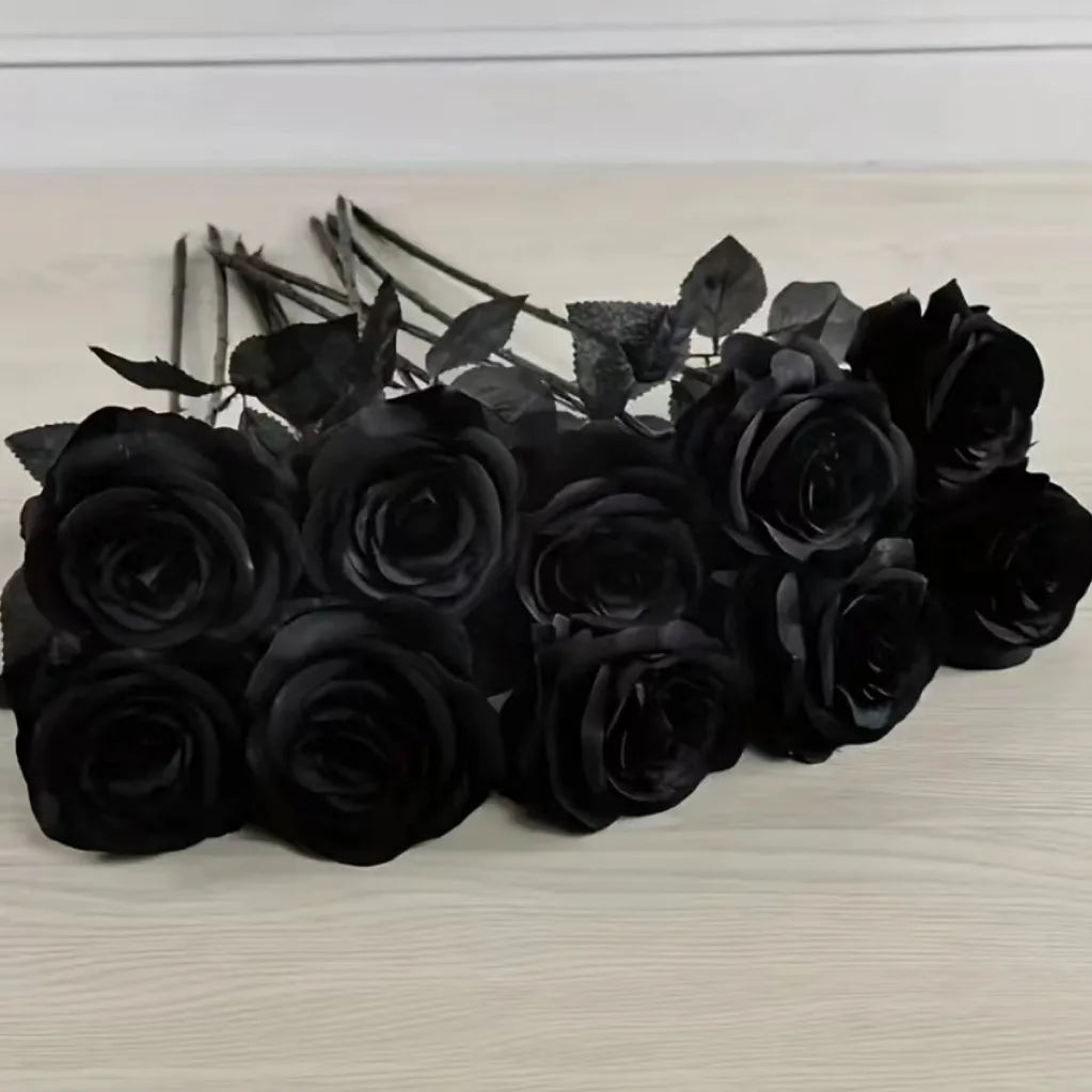 Artificial Black Roses Fake Flowers Long Stem With leaves for Halloween Home Decor Wedding Party Tabletop Bouquet DIY Creative