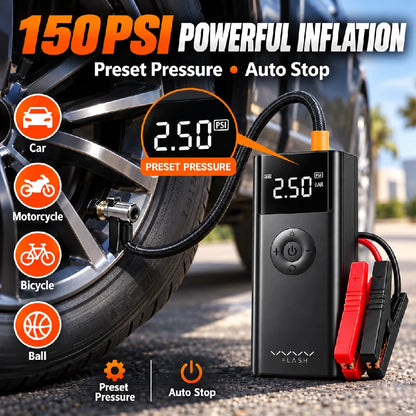 Vyvylabs 12V Car Jump Starter with Air Compressor 600A Peak 150PSI Tire Inflator Power Bank LED Lights Portable Battery Booster