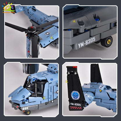 HUIQIBAO MOC V-22 Tiltrotor Aircraft Helicopter Building Block Children Military Airplane Model Bricks Toy Home Decor.