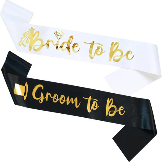 2pcs/1set Bachelorette Party Sash Ribbon Set- Bride and Groom Sash for Wedding Bridal Shower Party Decorations (White and Black)
