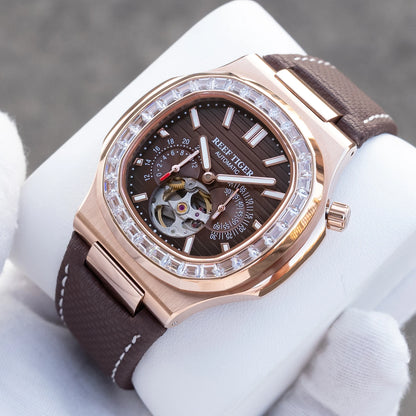 OBLVLO Men Automatic Watch Luxury 44mm Mechanical Wristwatch 50m Waterproof Sapphire Luminous Skeleton Dial 24 Hours
