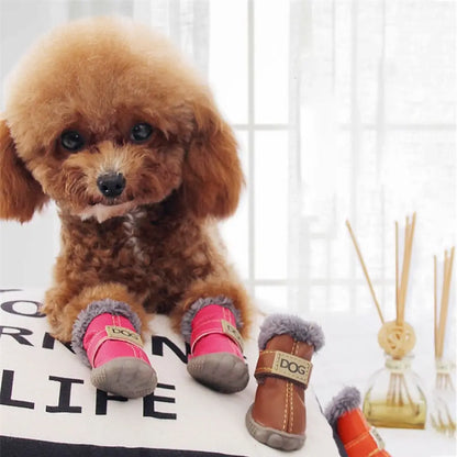 Soft Pet Snow Boots Fashion Waterproof Non Slip Winter Pet Dog Shoes Plush/PU Warm for 4Pcs/Set Winter