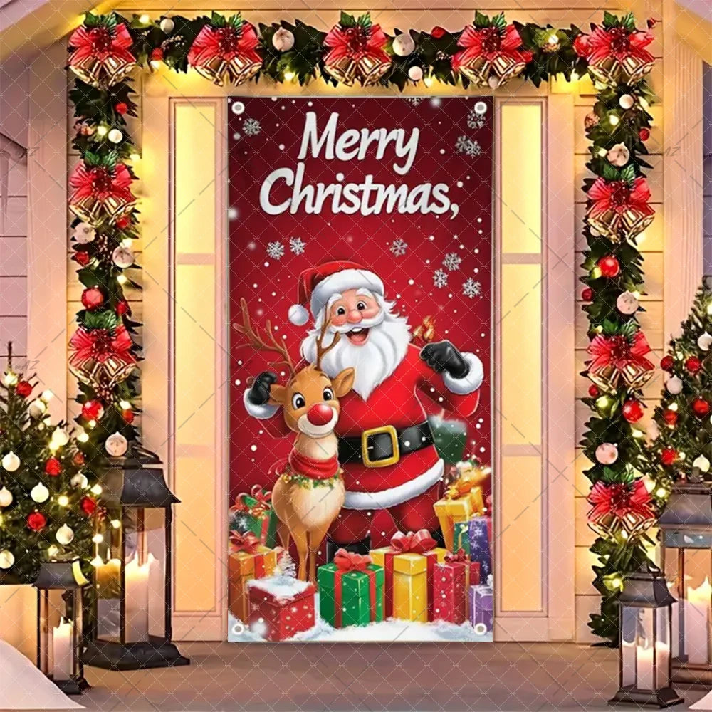 Christmas Humorous Santa Claus And Elk Door Banner Party Decorations Indoor Outdoor Veranda Door Cover Supplies Festive Gifts