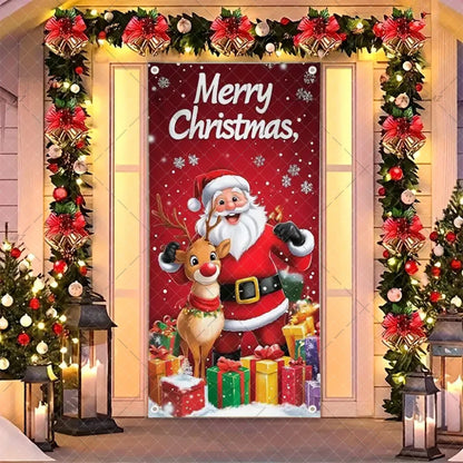 Christmas Humorous Santa Claus And Elk Door Banner Party Decorations Indoor Outdoor Veranda Door Cover Supplies Festive Gifts