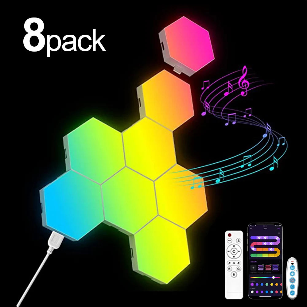 RGB Smart Hexagonal Wall Lamp Color Changing Ambient Night Light DIY Shape Music Rhythm APP For Game Room Bedroom Intelligent