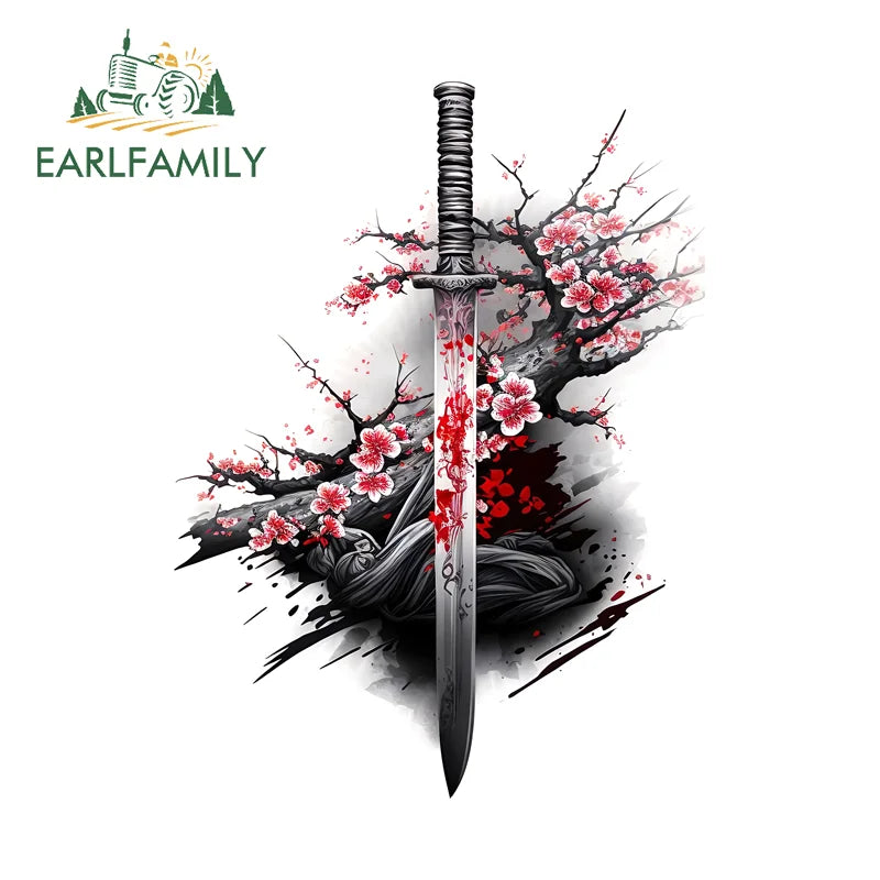 EARLFAMILY Samurai Theme Katana Design Car Stickers Cool Cartoon Picture Decal Amusing Motorcycle Car Body Occlusion Scratch