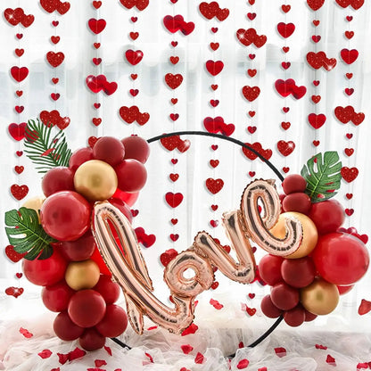 1-4PCS Red Heart Garland Metallic Glitter Hanging Heart Streamer Banner for Anniversary Mother's Day Engagement Wedding Supplies