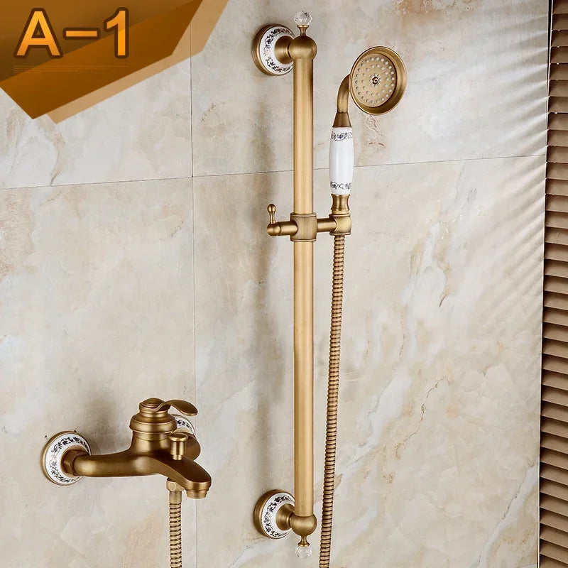 Brass Luxury Bathroom Shower Antique Bronze Finished Wall Mounted Lifting Bathroom Shower Mixer Set Portable Shower