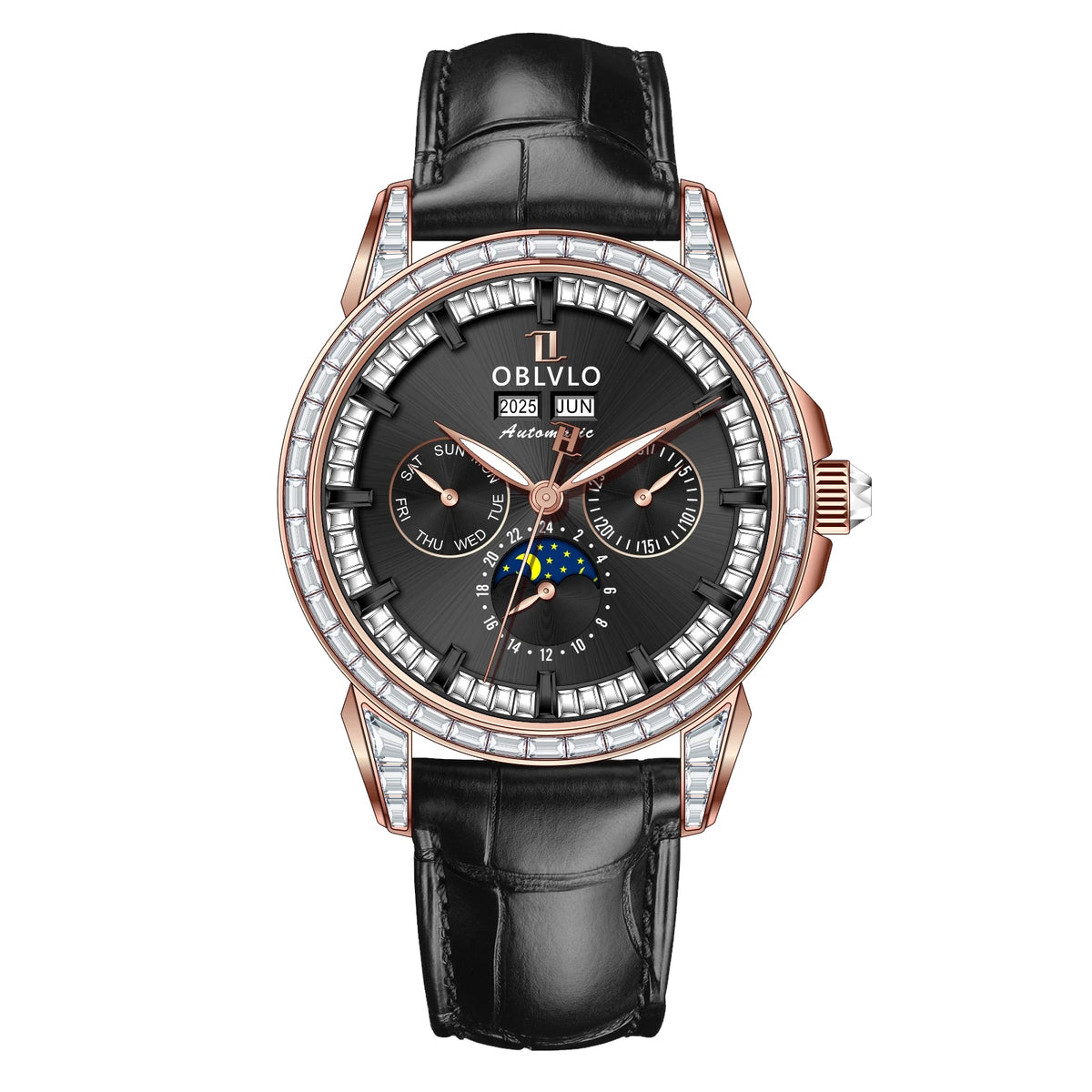 OBLVLO Men's Fashion Automatic Watch Colorful Zircon Moonphase Mechanical Multifunctional Black Leather Strap Timepiece GCM-MUT