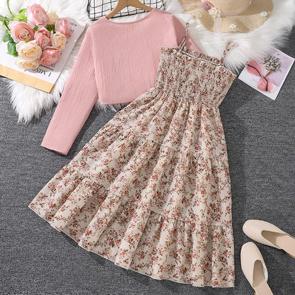 Kid Girl Long Sleeve Bow Design Coat & Beige All Print Shirred-Bodice Sling Dress Set Cute Sweet Elegant Princess Dress For Kids