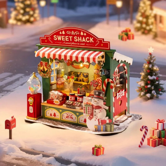 Rolife Miniature House Kit Christmas Candy Stall 170-Piece Model Kit Dolls House 3D Puzzle Mini House Christmas Decor
