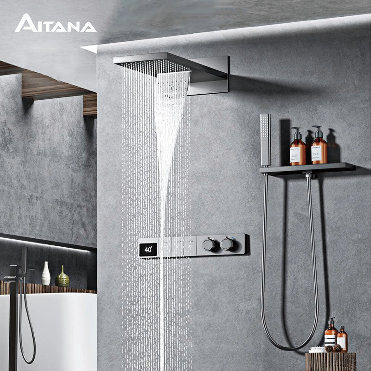 Luxury Gun Grey Brass Constant Wall Temperature Shower System LED Digital Display Cold & Hot Water Wall Mounted Bathroom Faucet