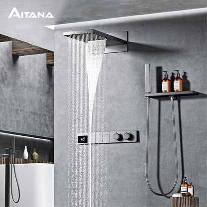 Luxury Gun Grey Brass Constant Wall Temperature Shower System LED Digital Display Cold & Hot Water Wall Mounted Bathroom Faucet