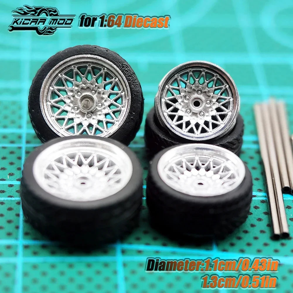 Kicarmod 1/64 Model Car ABS Wheels with Rubber Tire Metal Rims Front Small Rear Large Refitting Parts For Model Car