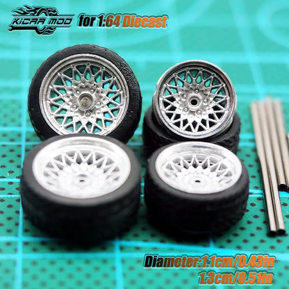 Kicarmod 1/64 Model Car ABS Wheels with Rubber Tire Metal Rims Front Small Rear Large Refitting Parts For Model Car