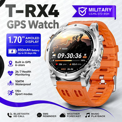 T-RX4 Ultra GPS Outdoors Military Smart Watch Men 1.7" AMOLED Compass 10ATM Waterproof 850mAh Battery Bluetooth Call Smartwatch