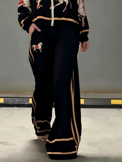 Women's Animal Print Two Piece Set Zip Up Long Sleeve Top High Waist Striped Wide Leg Pants Casual Autumn Ladies Tracksuit Set