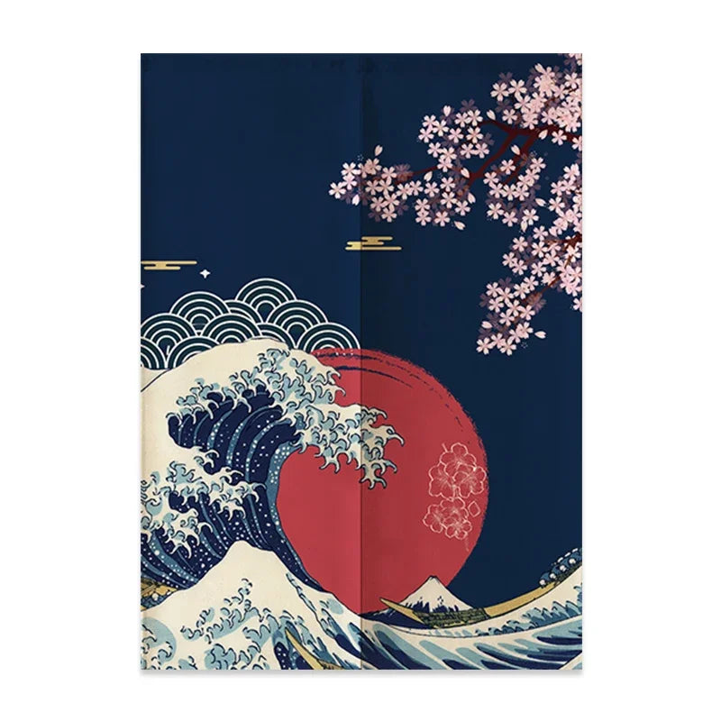 VIKAMA Japanese Linen Door Curtain Noren Half Curtain for Kitchen Bedroom Entrance Décor Customizable Mount Fuji Waves Partition