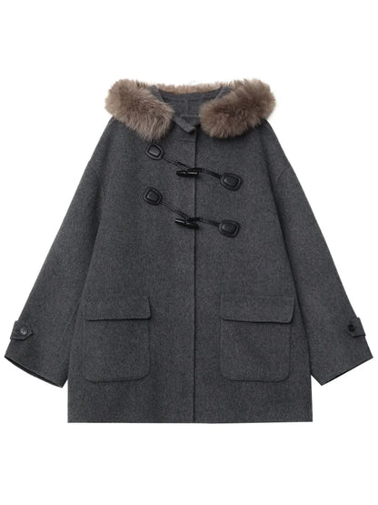 CHIC VEN Women Mid-length Woolen Coat Loose Casual Hooded Double-sided Horn Buckle Female Jacket Overcoat Autumn Winter 2025