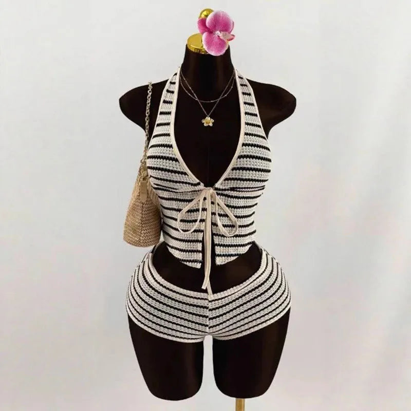 Summer Seaside Beach Vacation Style Knitted Lace up Slim Fit Halterneck Vest Half-Length Shorts Two-Piece Set for Women sexy sty