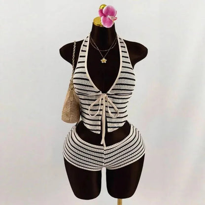 Summer Seaside Beach Vacation Style Knitted Lace up Slim Fit Halterneck Vest Half-Length Shorts Two-Piece Set for Women sexy sty