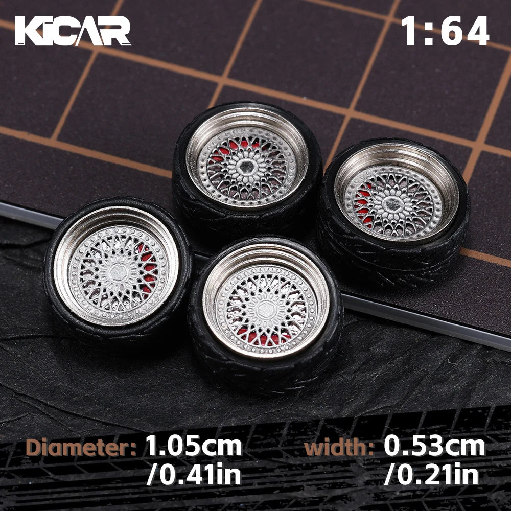 Kicarmod 1/64 10.5mm Alloy Model Wheels with Magnetic Hub Caps-with Rubber Tires for Tomica Custom Diecast Cars