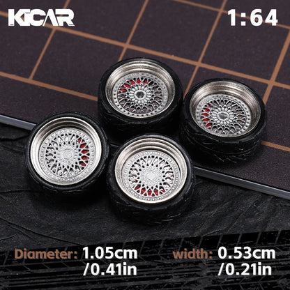 Kicarmod 1/64 10.5mm Alloy Model Wheels with Magnetic Hub Caps-with Rubber Tires for Tomica Custom Diecast Cars