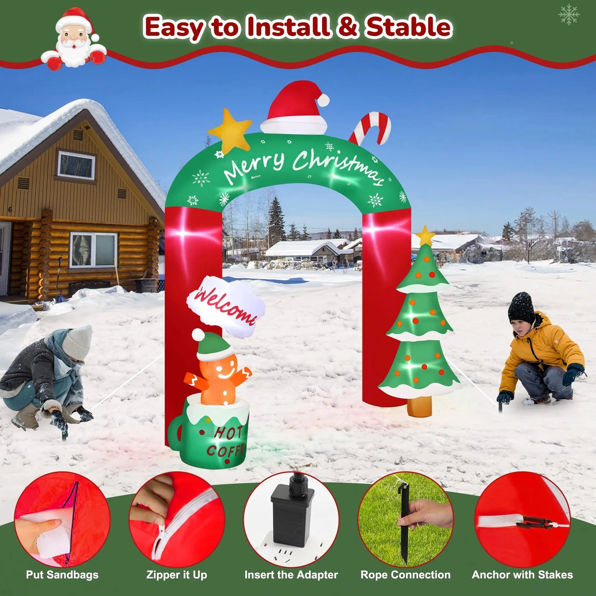 2.7M/8.85FT Inflatable Christmas Tree and Little Gingerbread Man Christmas Arch Built-in LED Lights Outdoor Holiday Party Adorn