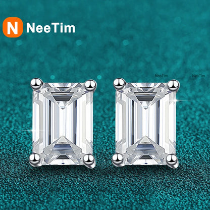 NeeTim 1CT 2CT Emerald Radiant Cut Moissanite Studs Earrings for Women Sparkling 925 Sterling Silver Earring Wedding Jewelry