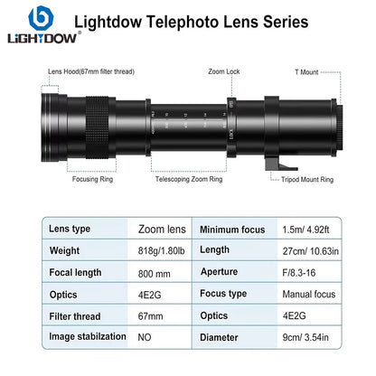 Lightdow 420-800mm f/8.3-16 Manual Telephoto Zoom Lens for Canon RF Canon EF  Nikon F Nikon Z Sony A Sony E Mount Camera