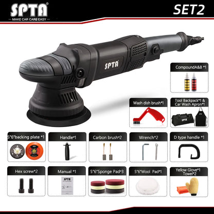 SPTA 5 Inch 780W Dual Action Car Polisher Auto Orbit 15mm Polishing Machine with Sponge Pads Accessories for Vehicle Buffing