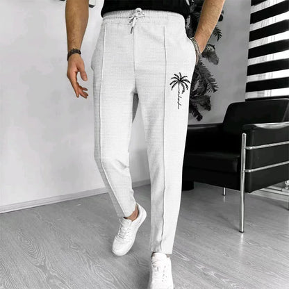 Men Waffle Knit Slim Fit Pants Drawstring Trousers With Pockets Stylish Design Spring Autumn Outdoor Travel Daily Street Wear