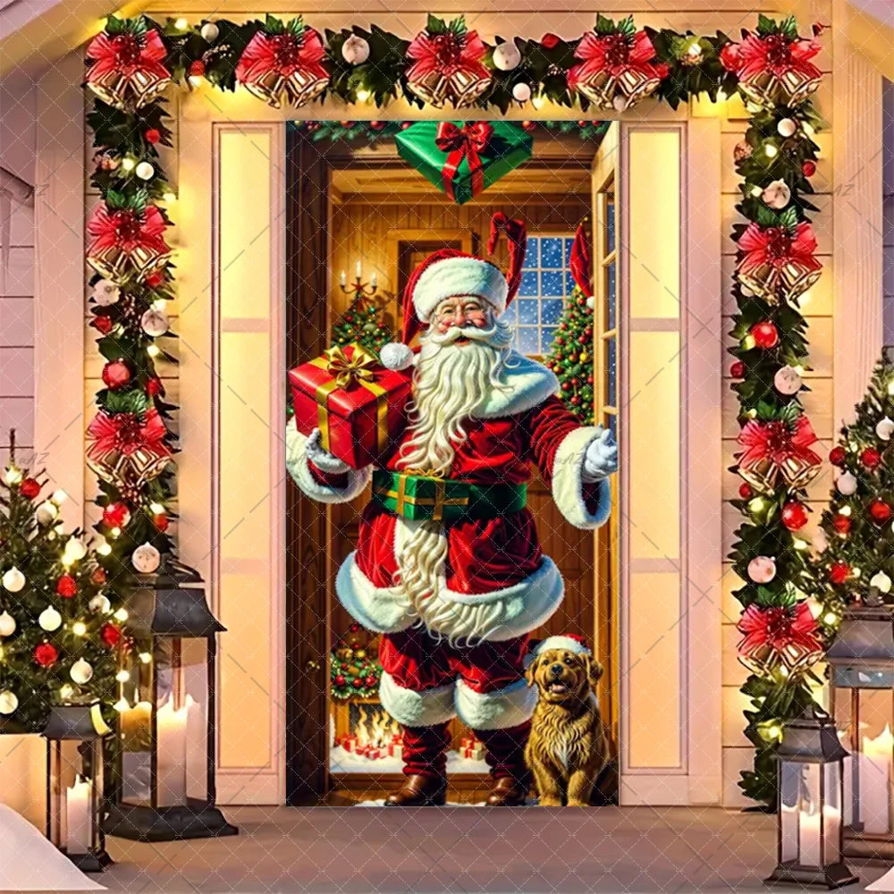Christmas Humorous Santa Claus And Elk Door Banner Party Decorations Indoor Outdoor Veranda Door Cover Supplies Festive Gifts