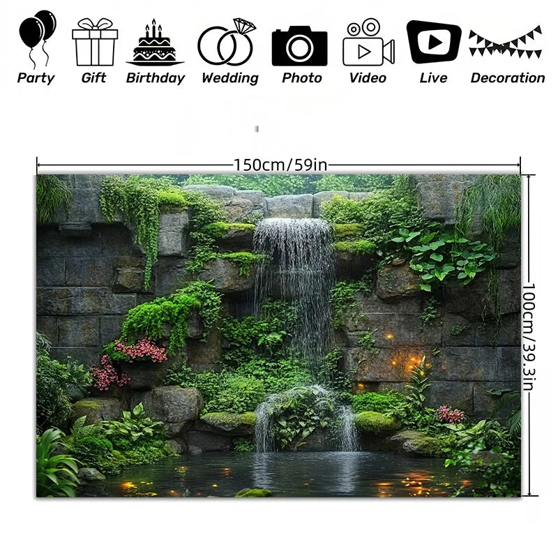 Stone Waterfall Mossy Rocks Garden Tapestry Zen Meditation Space Outdoor Patio Decor Tranquil Flowing Water Natural StoneTexture