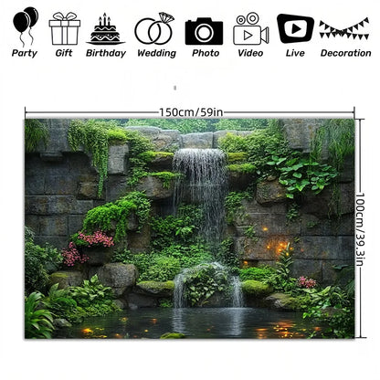 Stone Waterfall Mossy Rocks Garden Tapestry Zen Meditation Space Outdoor Patio Decor Tranquil Flowing Water Natural StoneTexture