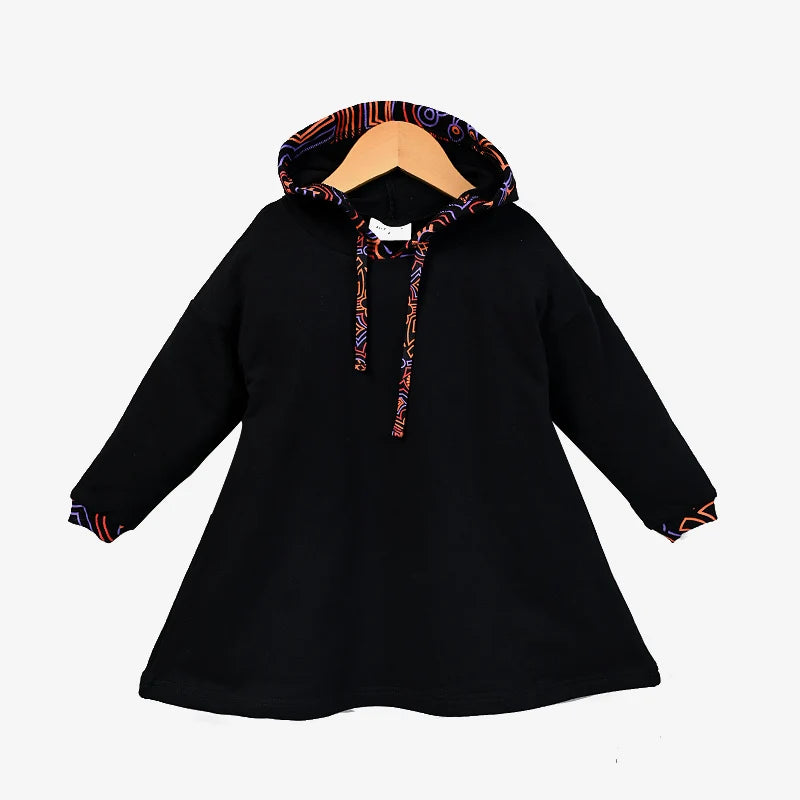 Family Hooded Set Black Cotton French Terry Girl Dress Hooded Shirt Top Baby Romper for Autumn Black with Colorful Trims