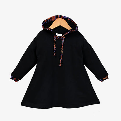 Family Hooded Set Black Cotton French Terry Girl Dress Hooded Shirt Top Baby Romper for Autumn Black with Colorful Trims