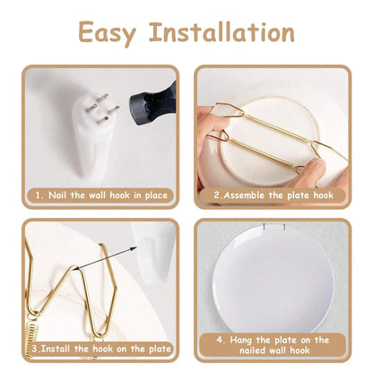 4/6/8/10/12 Inch Plate Dish Hangers Holder W-shaped Wall Display Decorative Invisible Spring Hanging Hook Golden
