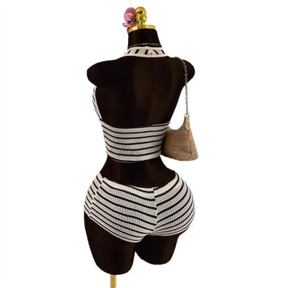 Summer Seaside Beach Vacation Style Knitted Lace up Slim Fit Halterneck Vest Half-Length Shorts Two-Piece Set for Women sexy sty